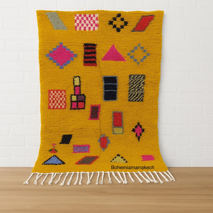 Yellow Moroccan Rug – Handmade Wool Berber Carpet with Colorful Motifs