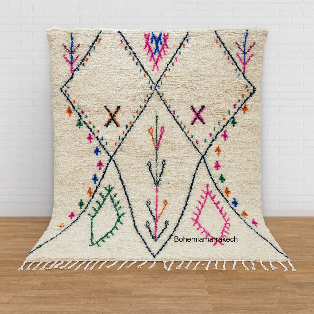 Beige rug with colorful geometric patterns on a wooden floor and white wall background