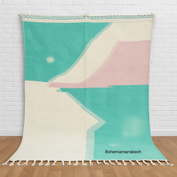 Flatweave Moroccan Rug – Abstract Turquoise & Pink Wool Carpet