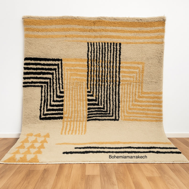 Custom  Modern Beni Mrirt Moroccan Rug – Mustard & Black Wool