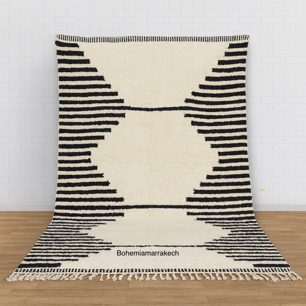 Black and White Moroccan Wool Rug – Striped Berber Design