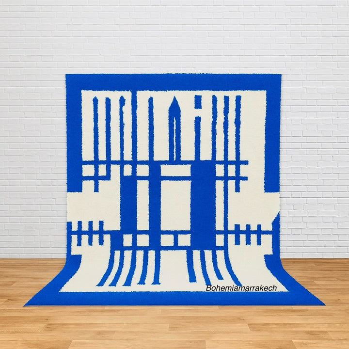 Blue and White Moroccan Wool Rug – Modern Geometric
