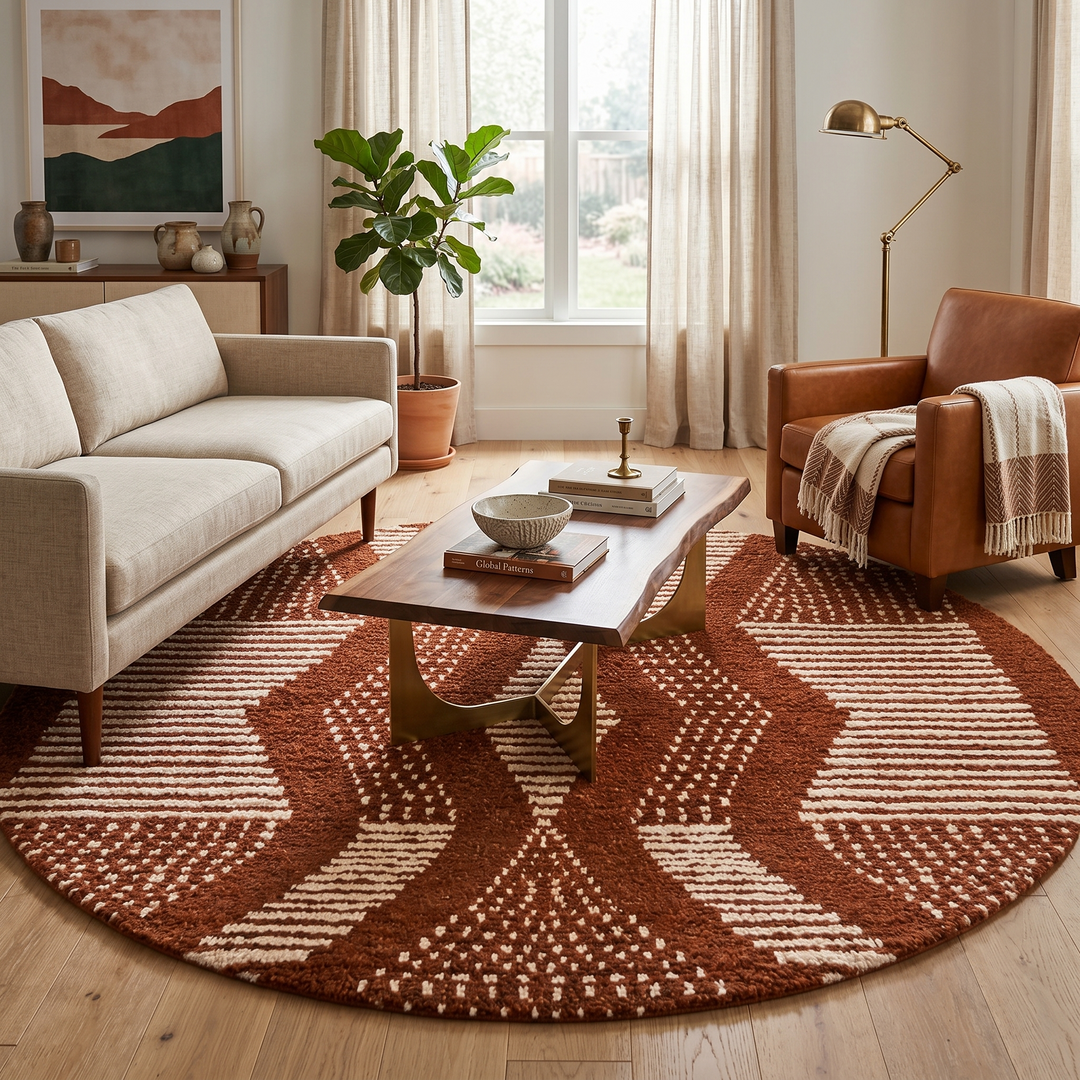 Round Brown Moroccan Wool Rug – Handmade Berber Geometric Carpet