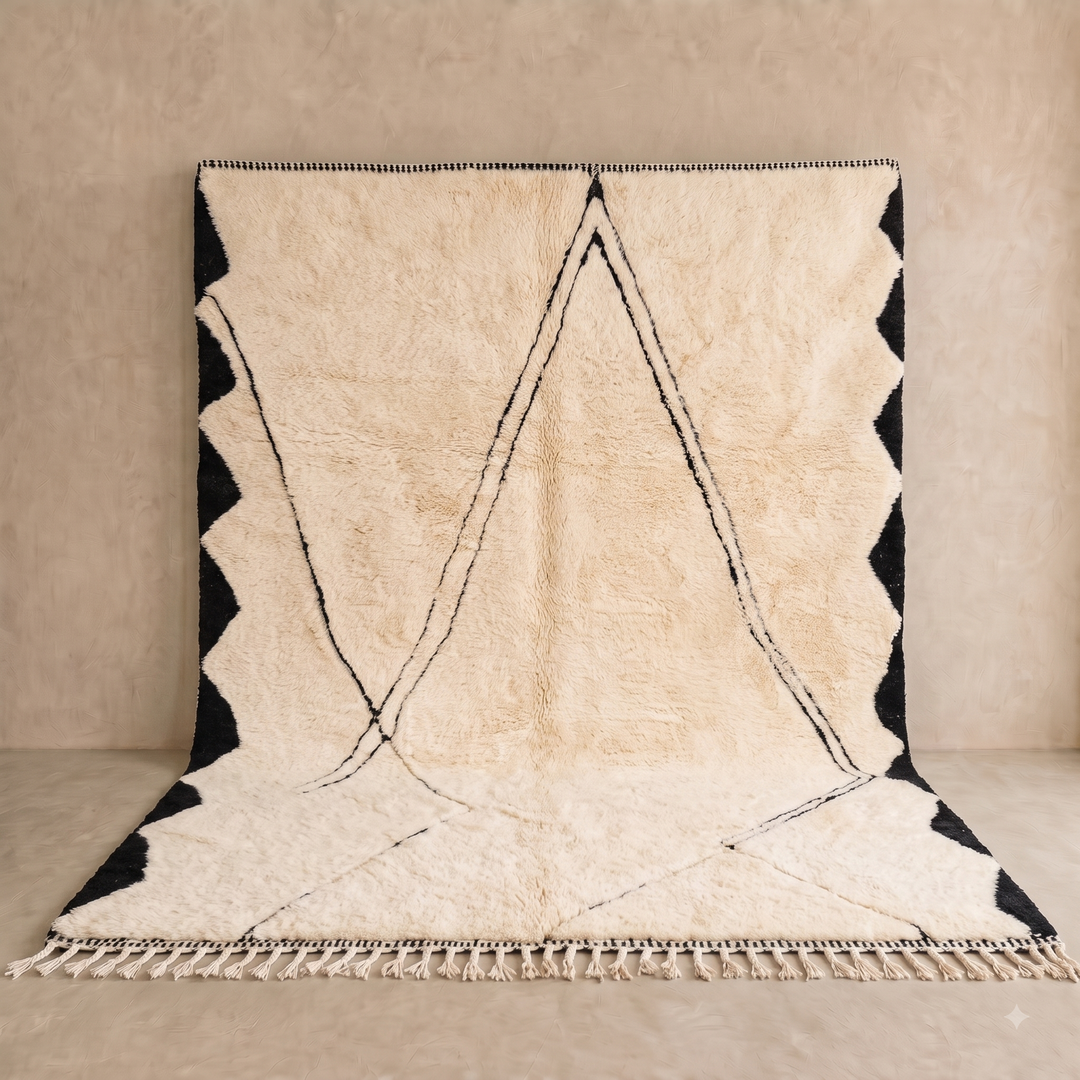 Cream Moroccan Rug with Black Mountain Lines – Wool Handmade