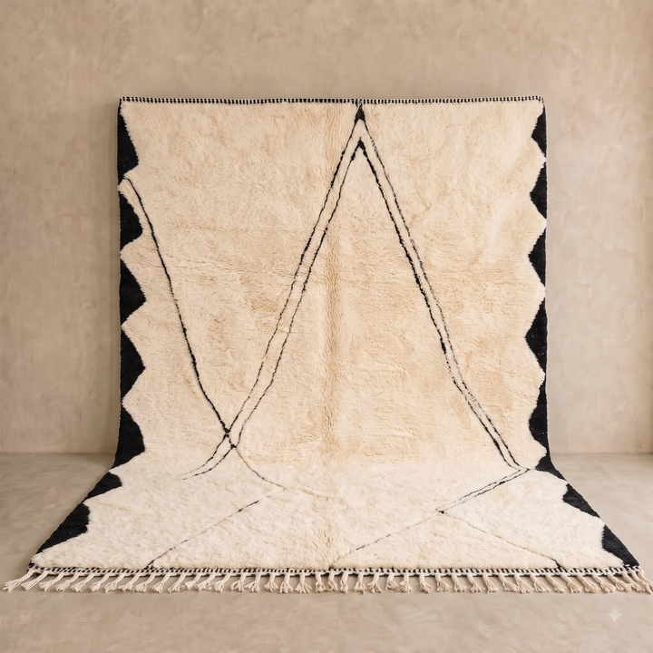 Cream Moroccan Rug with Black Mountain Lines – Wool Handmade