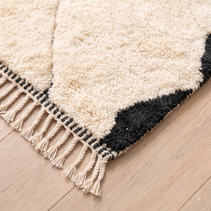 Cream Moroccan Rug with Black Mountain Lines – Wool Handmade