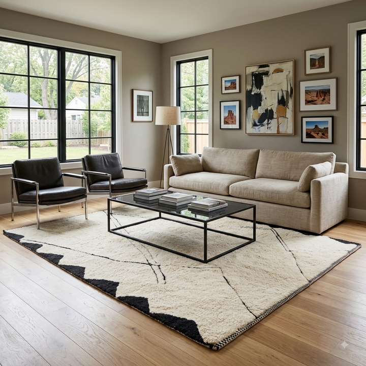 Cream Moroccan Rug with Black Mountain Lines – Wool Handmade