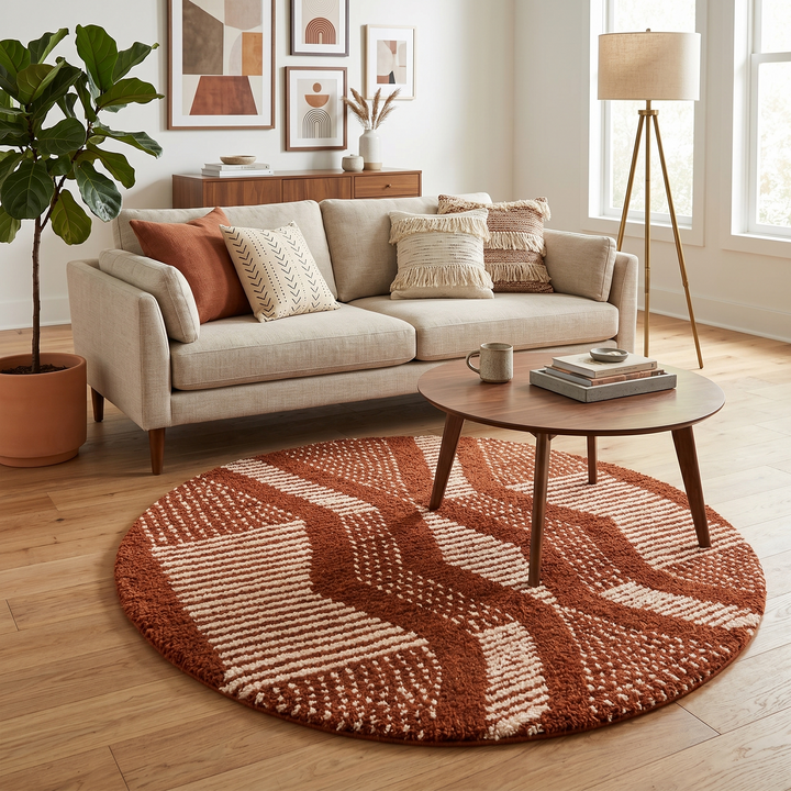 Round Brown Moroccan Wool Rug – Handmade Berber Geometric Carpet