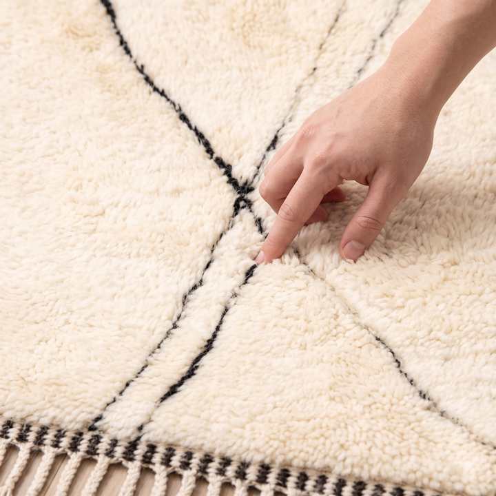 Cream Moroccan Rug with Black Mountain Lines – Wool Handmade