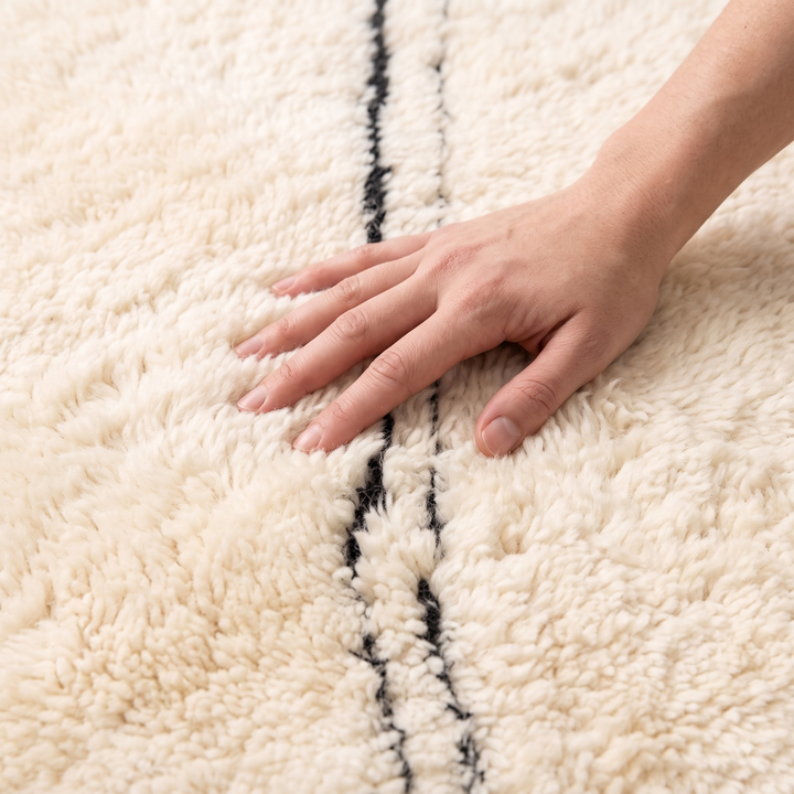 Cream Moroccan Rug with Black Mountain Lines – Wool Handmade