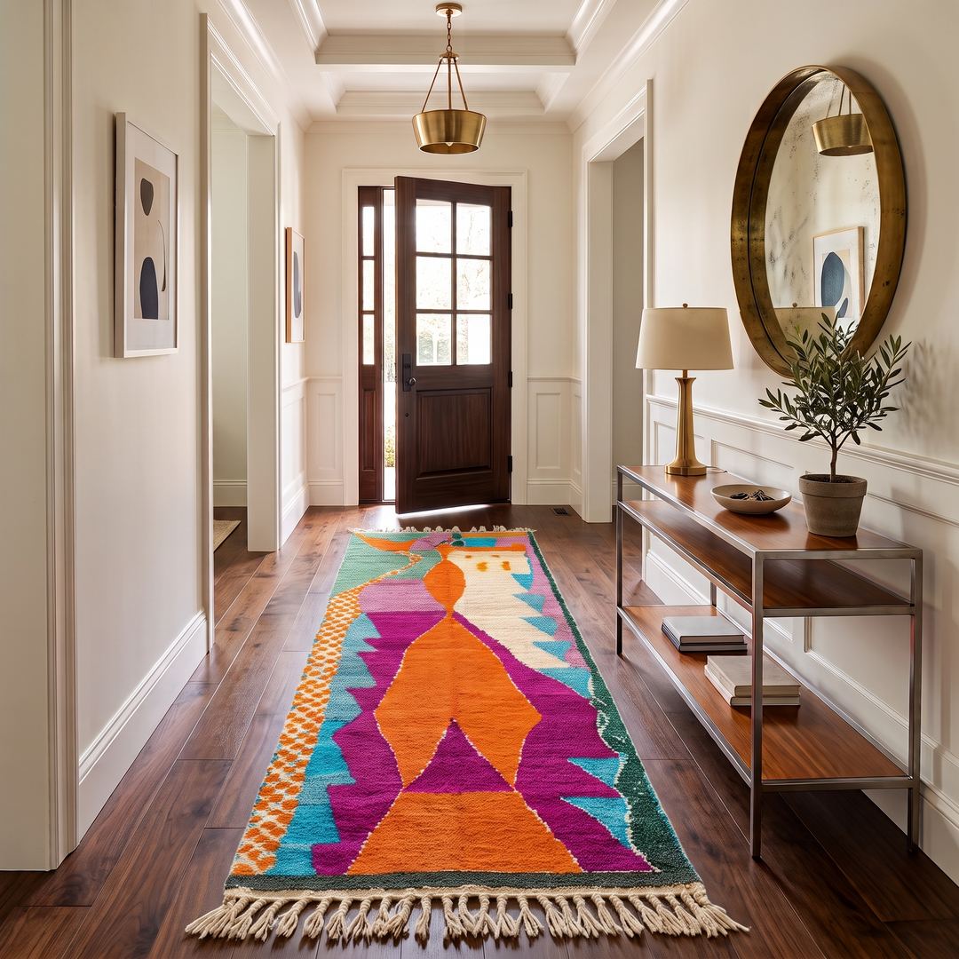 Abstract Moroccan runner rug with vibrant orange, purple, green and turquoise geometric patterns, handmade Berber wool carpet