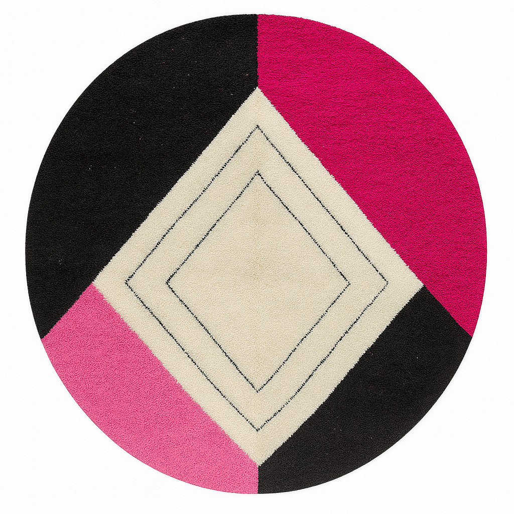 Round Moroccan wool rug with geometric pink, black, and white sections and a central diamond motif.