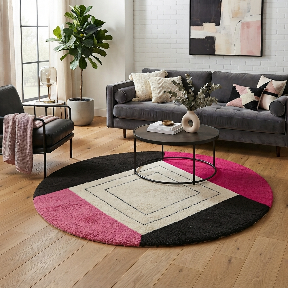 Round Moroccan wool rug with geometric pink, black, and white sections and a central diamond motif.