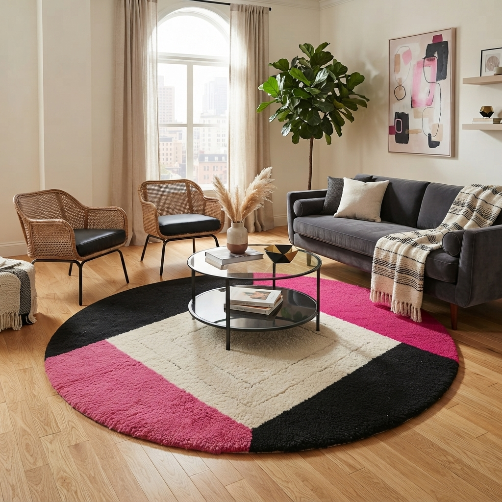 Round Moroccan wool rug with geometric pink, black, and white sections and a central diamond motif.