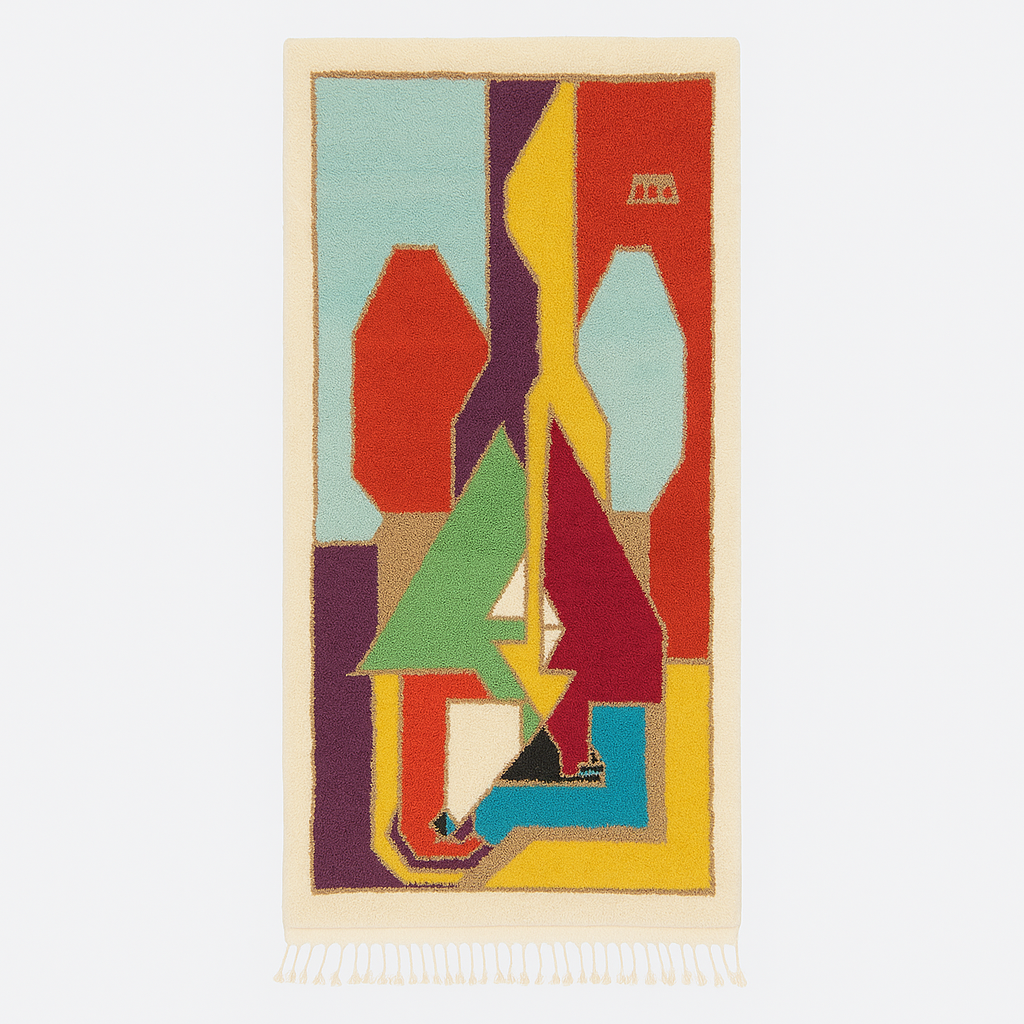 Colorful geometric Moroccan wool runner rug with red, green, yellow, blue, and cream abstract pattern