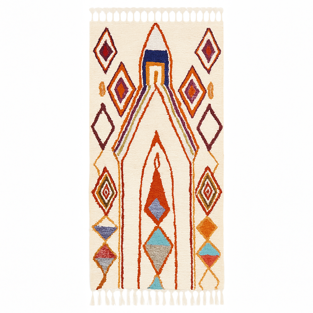 Handmade Moroccan wool runner rug with geometric Berber motifs in terracotta, mustard, blue, and purple on a cream background