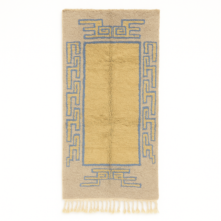 Golden Moroccan wool runner rug with blue geometric border and neutral background, handmade by Berber artisans