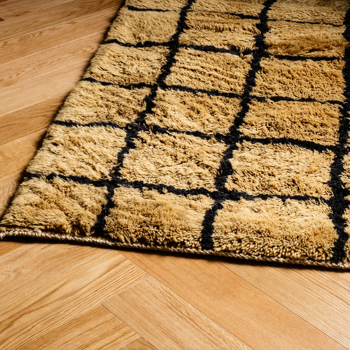 Golden Grid Moroccan Rug with Bold Black Linework