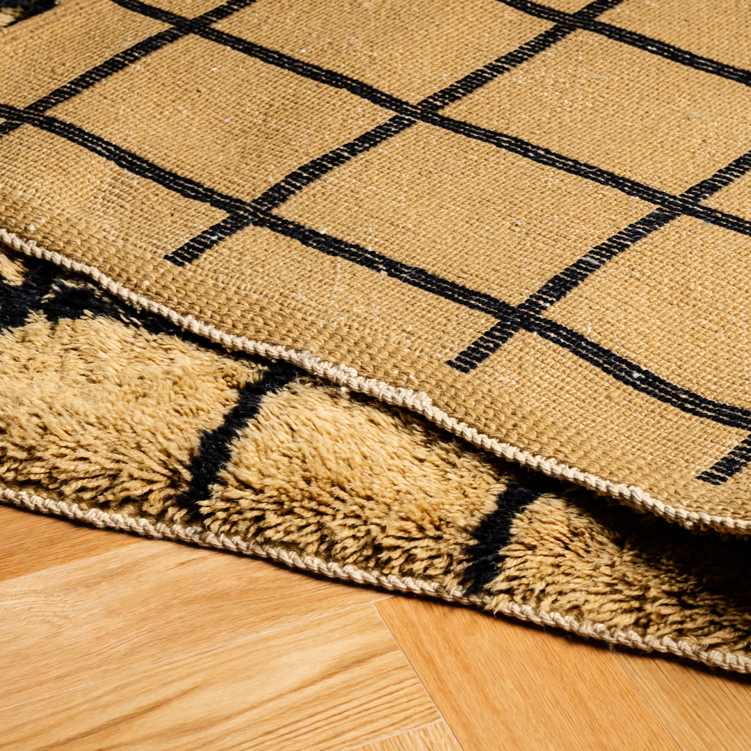 Golden Grid Moroccan Rug with Bold Black Linework