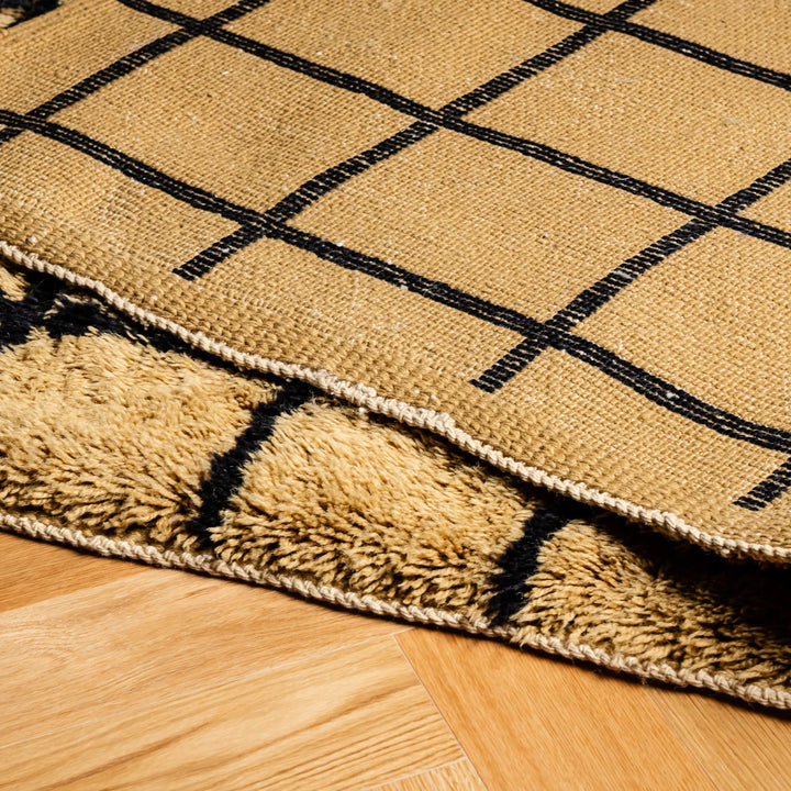 Golden Grid Moroccan Rug with Bold Black Linework