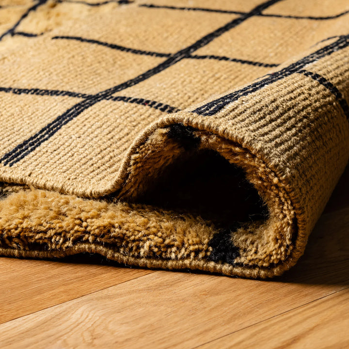 Golden Grid Moroccan Rug with Bold Black Linework