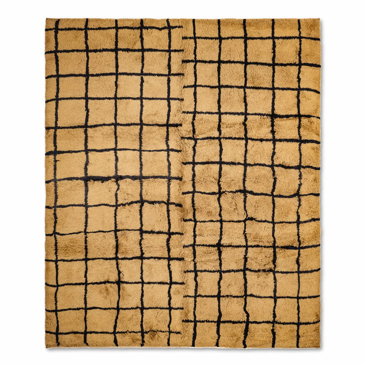 Golden Grid Moroccan Rug with Bold Black Linework