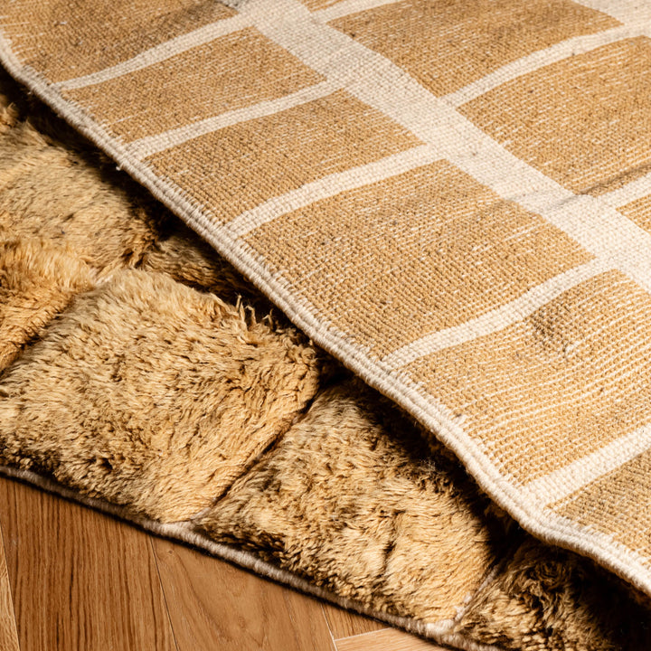 Golden Mustard Beni Mrirt Wool Rug with Handwoven Grid Texture