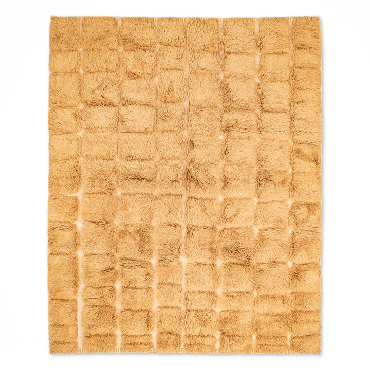 Golden Mustard Beni Mrirt Wool Rug with Handwoven Grid Texture