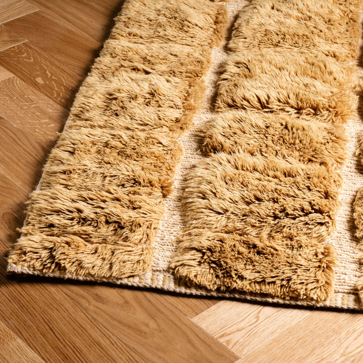 Golden Mustard Beni Mrirt Wool Rug with Handwoven Grid Texture