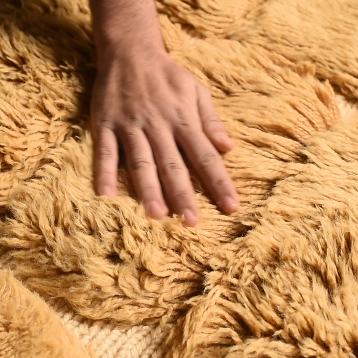 Golden Mustard Beni Mrirt Wool Rug with Handwoven Grid Texture