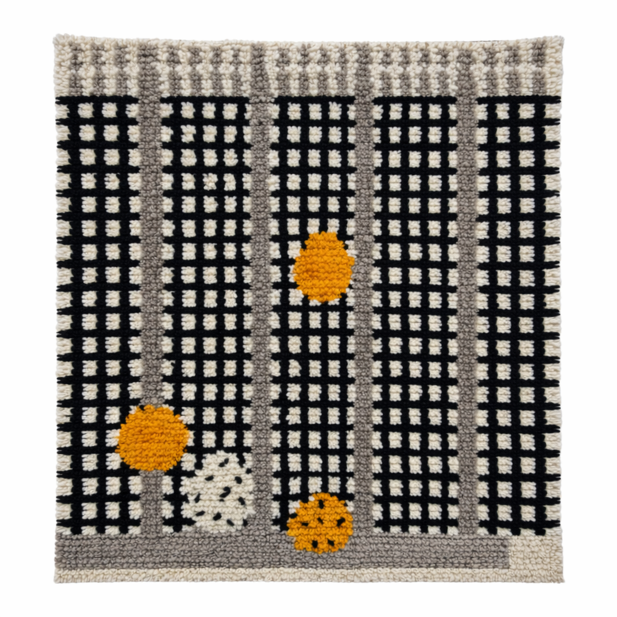 Handmade Moroccan wool rug with black grid and amber dot design. Soft plush texture, modern style, and artisan crafted.