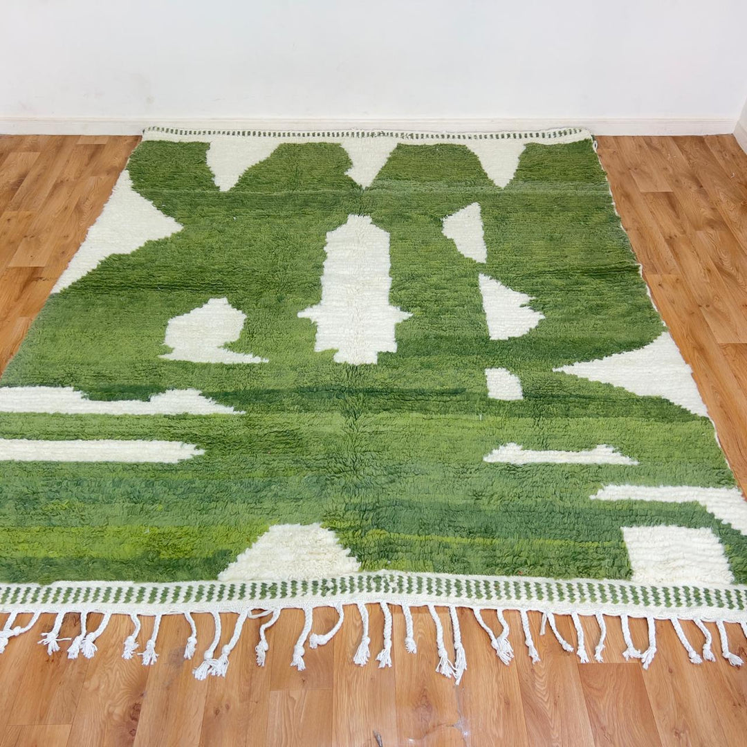 Green abstract Moroccan rug handmade wool Berber area rug modern artistic design