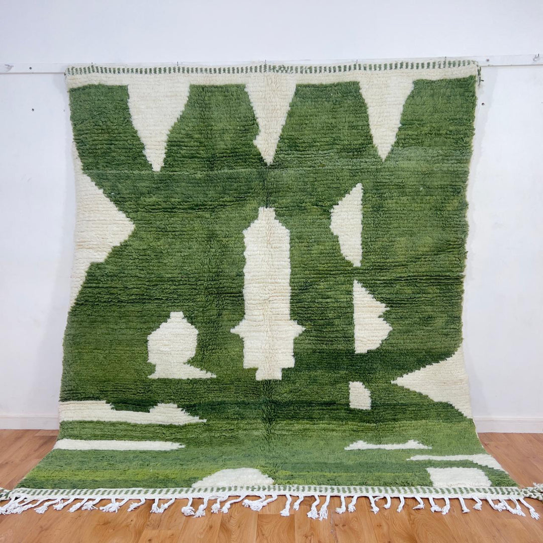 Green abstract Moroccan rug handmade wool Berber area rug modern artistic design