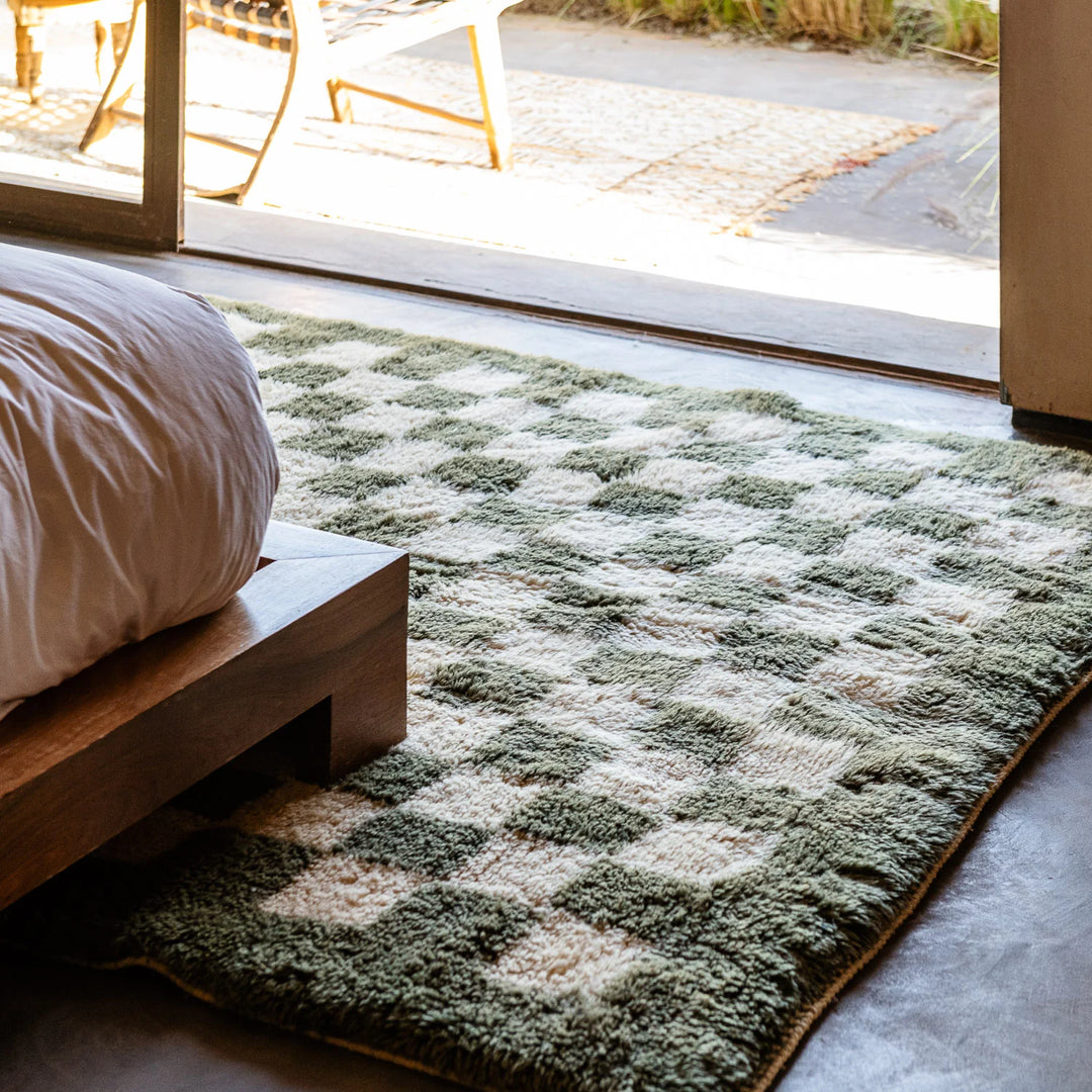Green Checkerboard Beni Mrirt Rug – Handmade Moroccan Wool