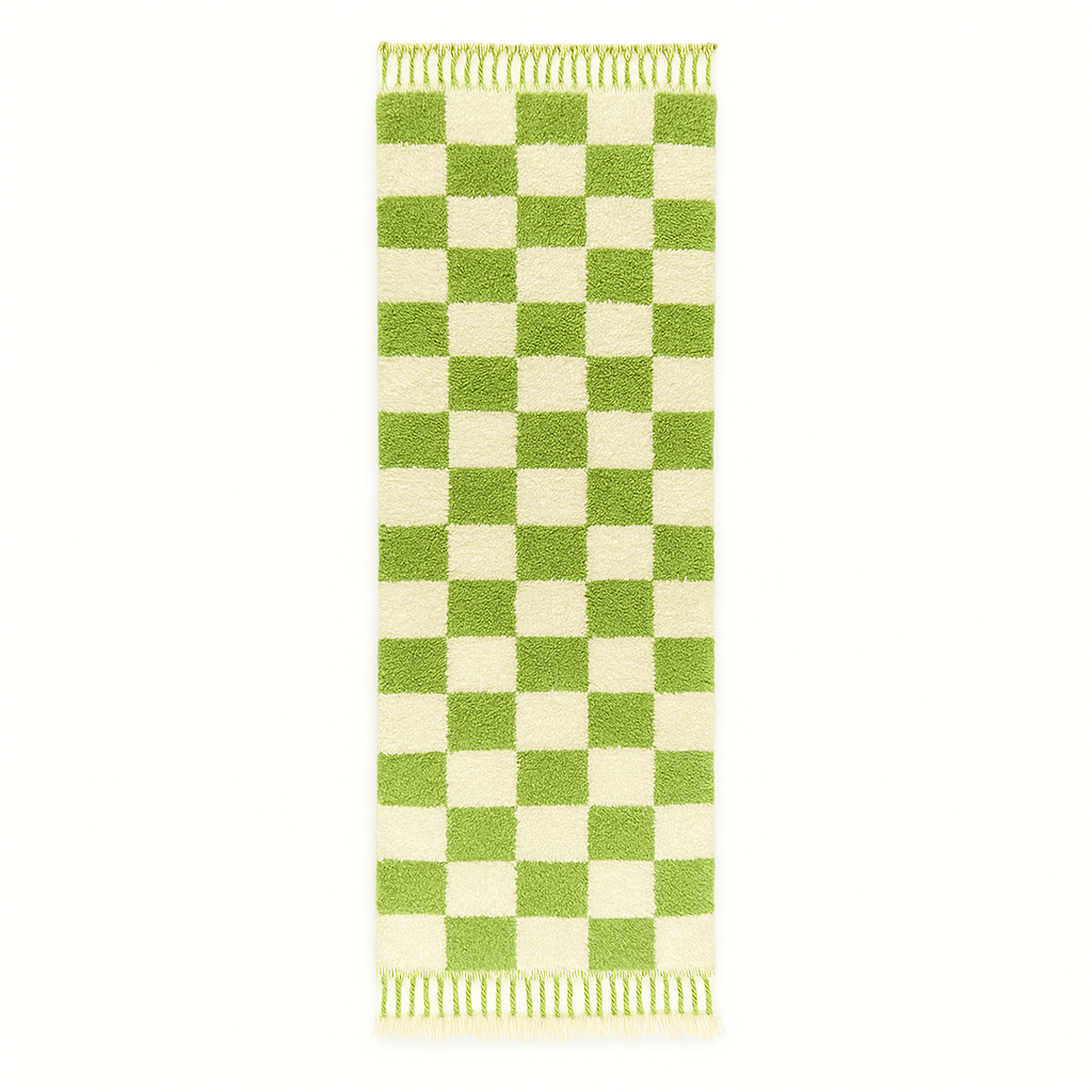 Handmade Moroccan runner rug with green and white checkerboard pattern, crafted from natural wool by Berber artisans.