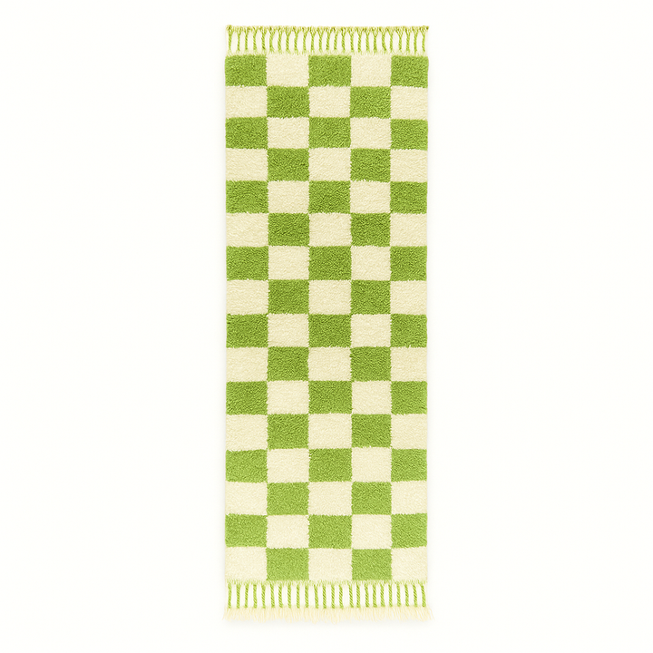 Handmade Moroccan runner rug with green and white checkerboard pattern, crafted from natural wool by Berber artisans.