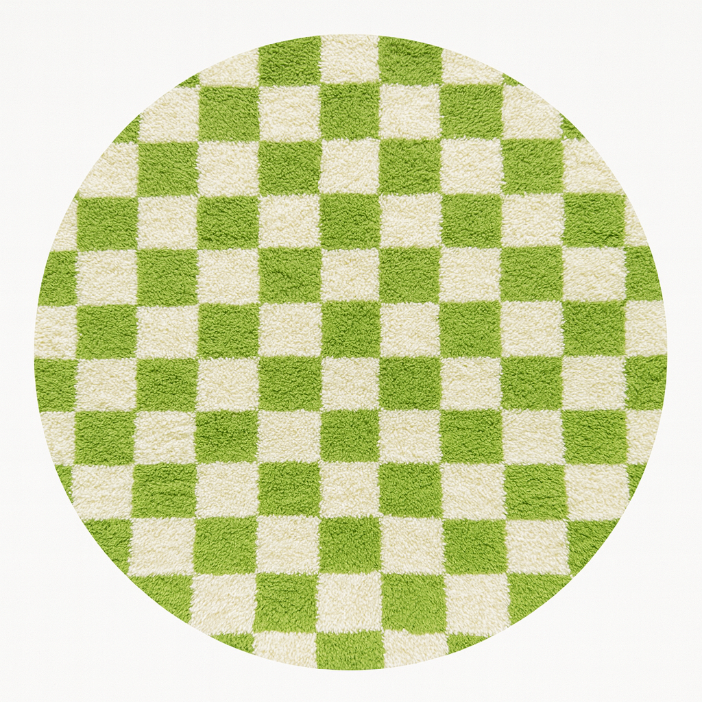Round handmade Moroccan rug with vibrant green and white checkered pattern