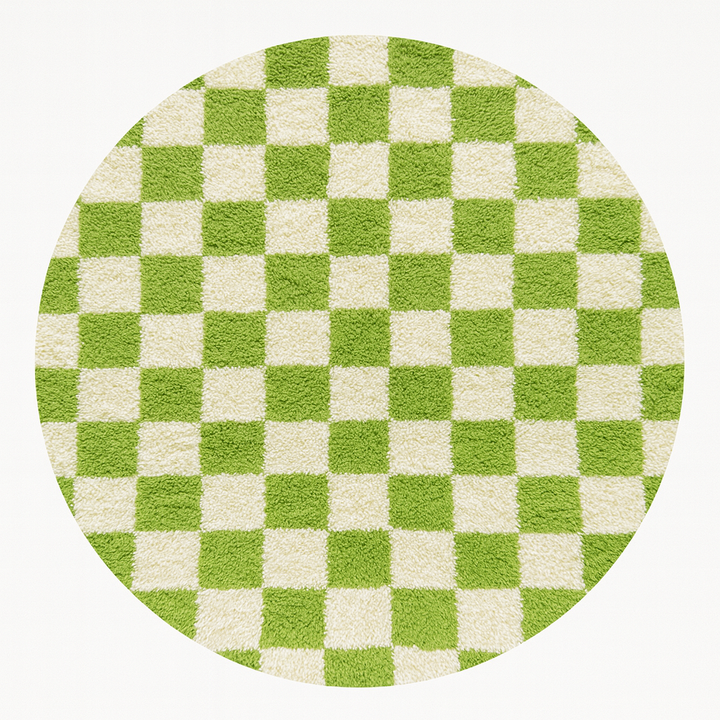 Round handmade Moroccan rug with vibrant green and white checkered pattern