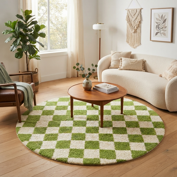 Round handmade Moroccan rug with vibrant green and white checkered pattern