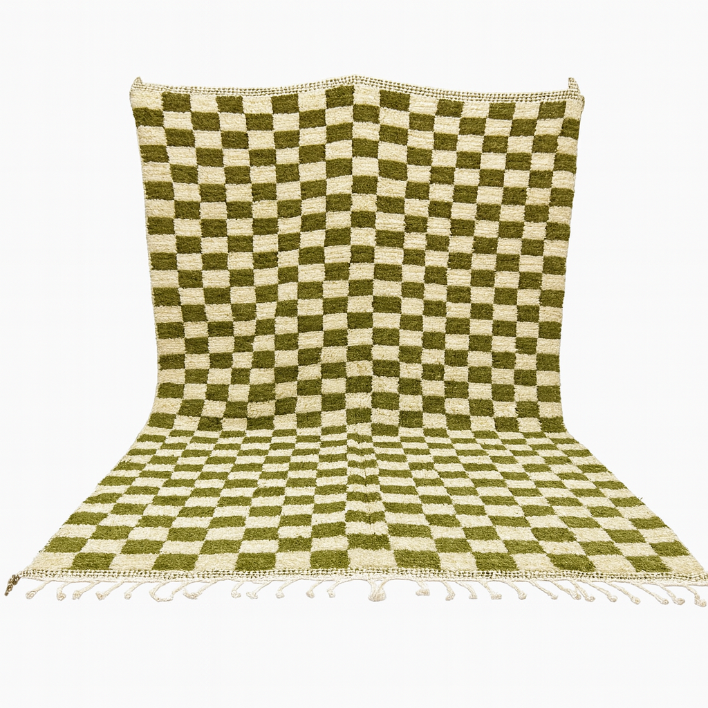 Handmade green checkered Moroccan wool rug with cream squares and fringe – Berber artisan rug