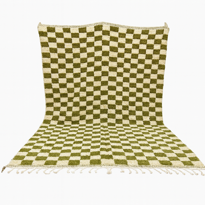 Handmade green checkered Moroccan wool rug with cream squares and fringe – Berber artisan rug