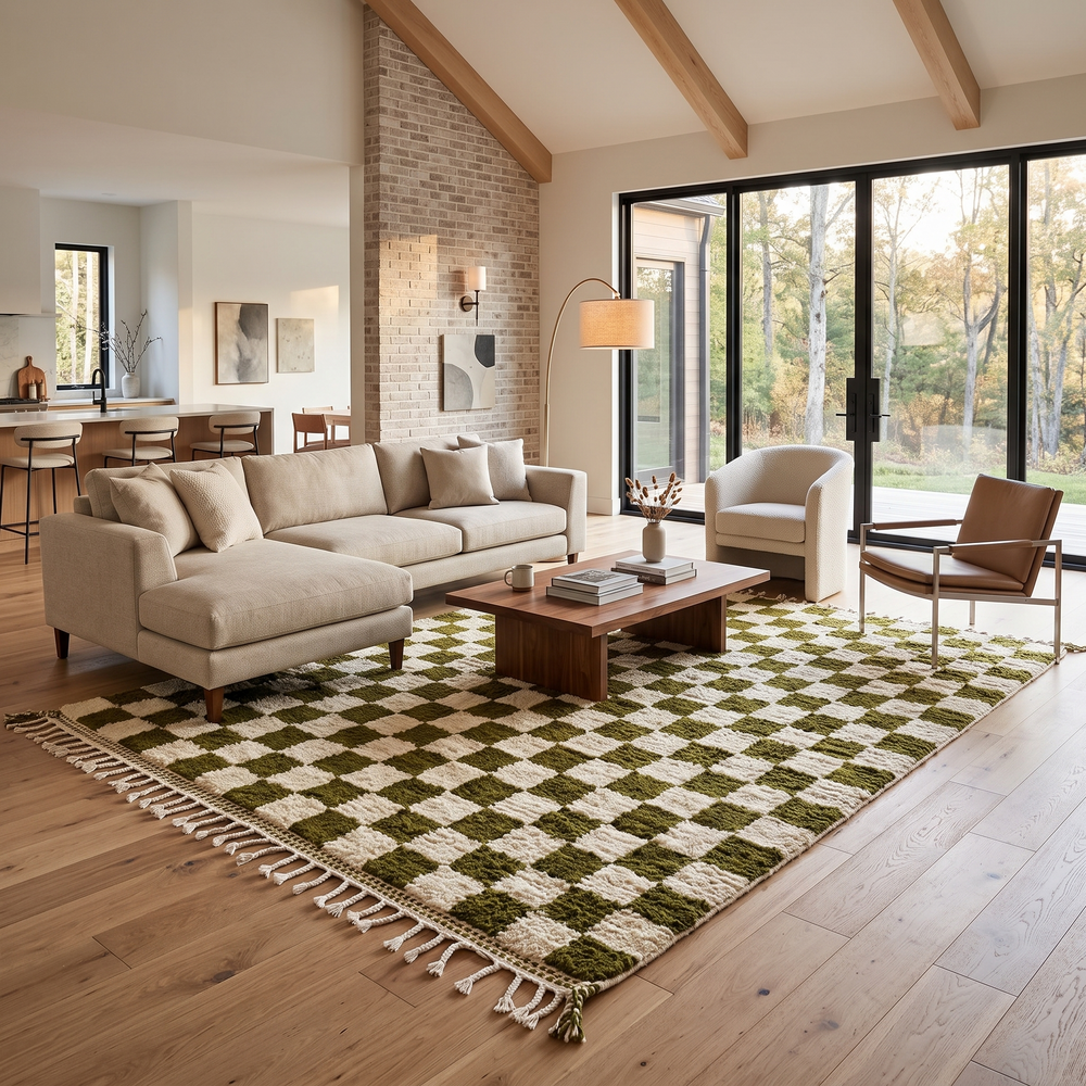 Handmade green checkered Moroccan wool rug with cream squares and fringe – Berber artisan rug
