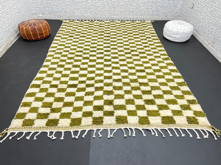 Handmade green checkered Moroccan wool rug with cream squares and fringe – Berber artisan rug