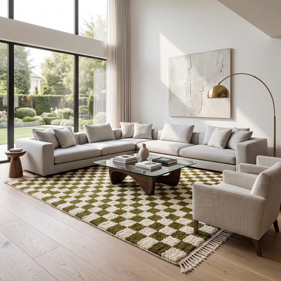 Handmade green checkered Moroccan wool rug with cream squares and fringe – Berber artisan rug
