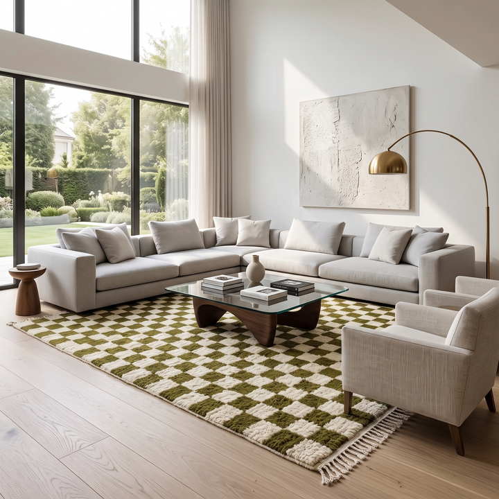 Handmade green checkered Moroccan wool rug with cream squares and fringe – Berber artisan rug
