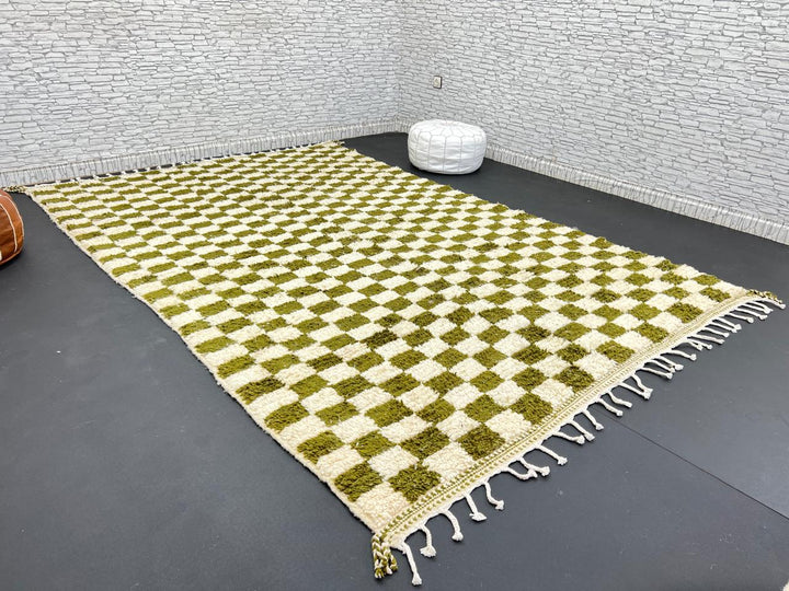 Handmade green checkered Moroccan wool rug with cream squares and fringe – Berber artisan rug