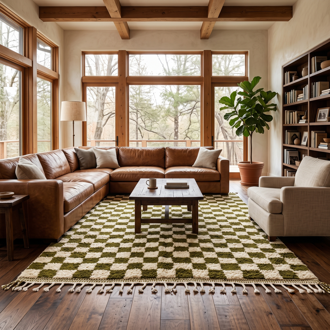Handmade green checkered Moroccan wool rug with cream squares and fringe – Berber artisan rug
