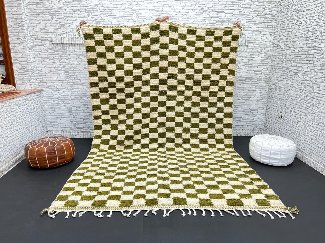 Handmade green checkered Moroccan wool rug with cream squares and fringe – Berber artisan rug