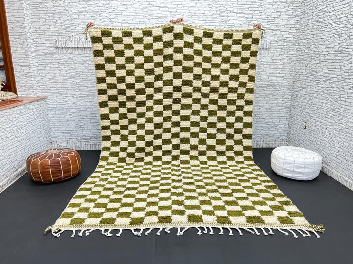 Handmade green checkered Moroccan wool rug with cream squares and fringe – Berber artisan rug