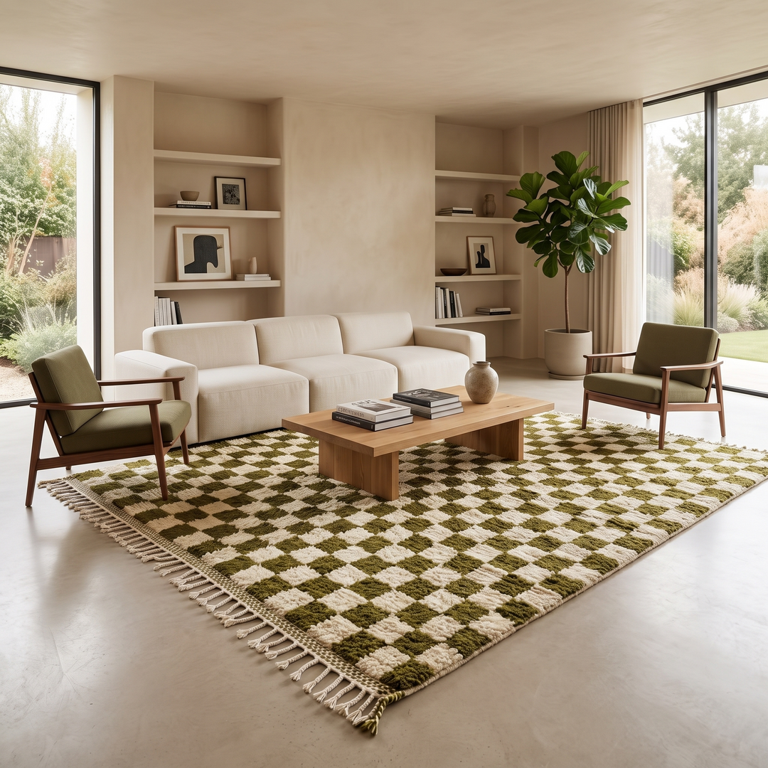Handmade green checkered Moroccan wool rug with cream squares and fringe – Berber artisan rug
